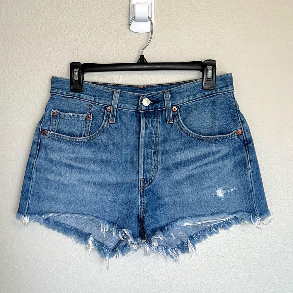 Levi’s 501 High Rise Denim Shorts Medium Blue Jean Distressed Button Fly Size 27